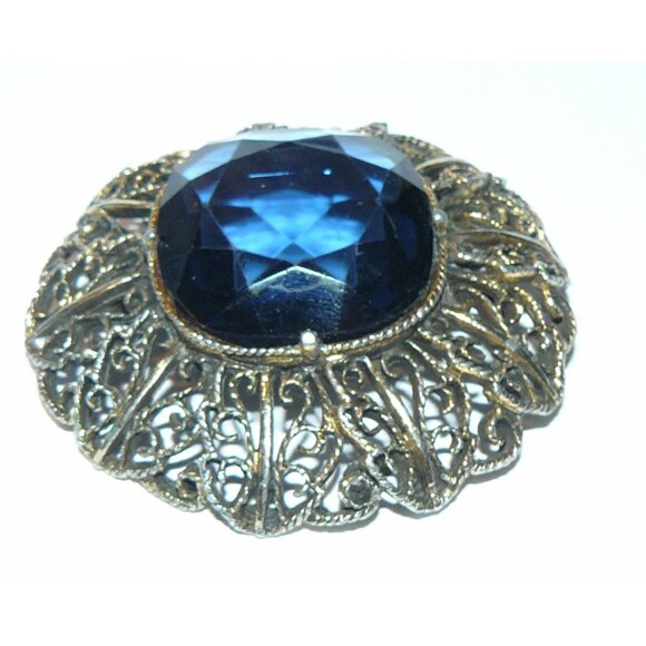 Blue Rhinestone Brooch, Large Brooch, Rhinestone Pin - Picture 3 of 5